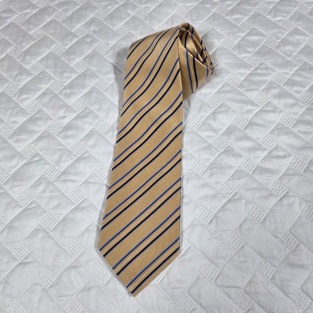 Donald Trump Signature Necktie Silk Tan Brown Blue Stripe Tie